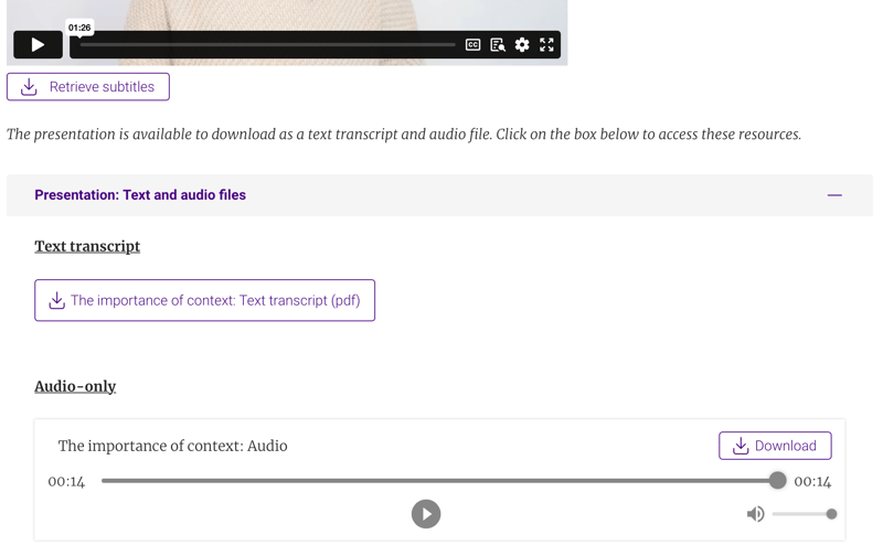 A screenshot of insendi's Canvas integration showing where captions, text, and audio files can be uploaded to your course content.