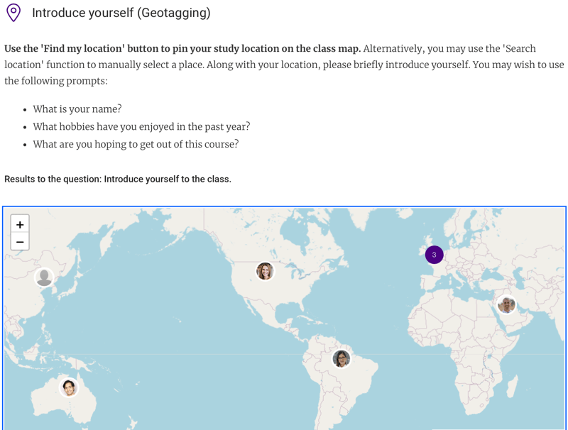 A screenshot of insendi's Geotagging activity being used to encourage learners to get to know each other.