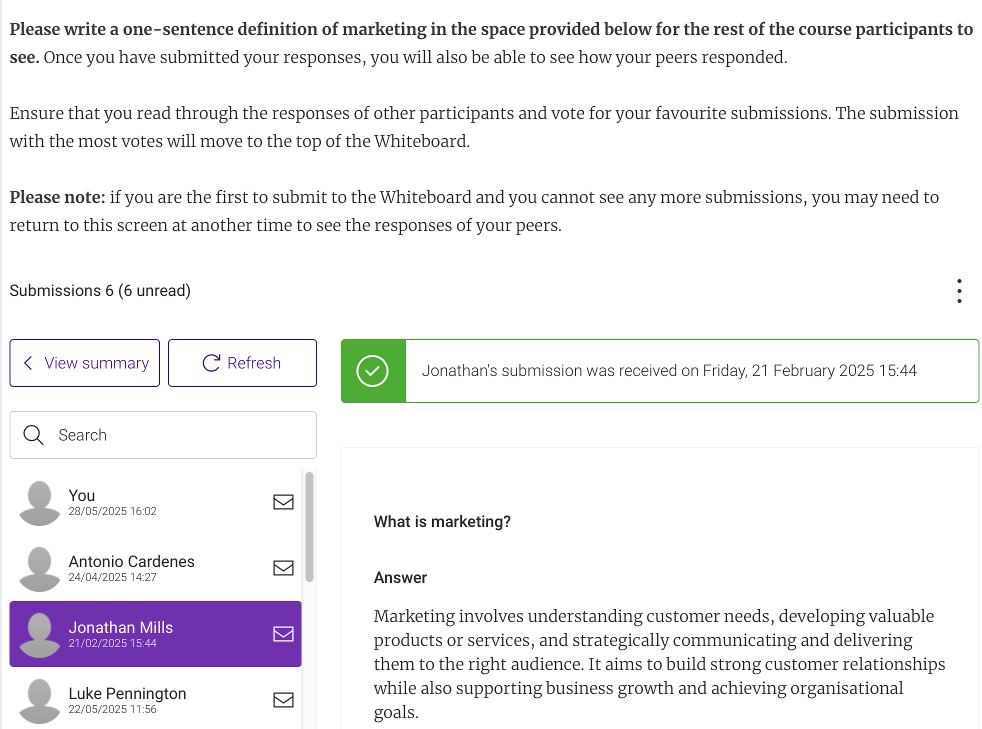 A screenshot of insendi's Whiteboard activity being used for learners to give and read submissions answering the question "What is marketing?"