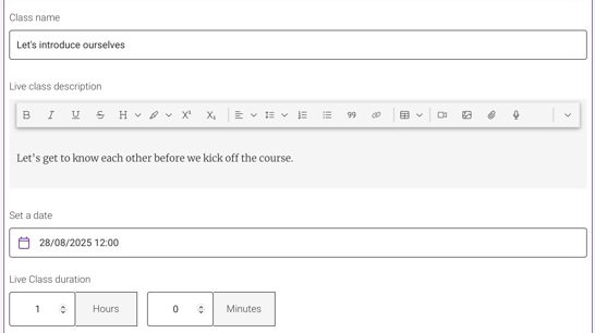 A screenshot of insendi's Live Class activity that shows the details course builders can give for each live class.