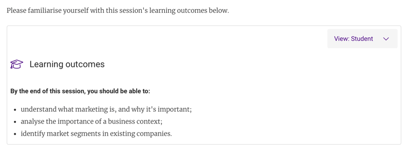 A screenshot of insendi's Learning Outcomes activity.