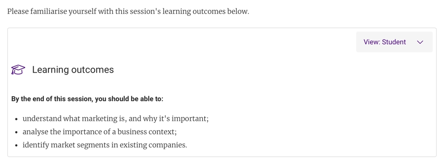 A screenshot of insendi's Learning Outcomes activity.
