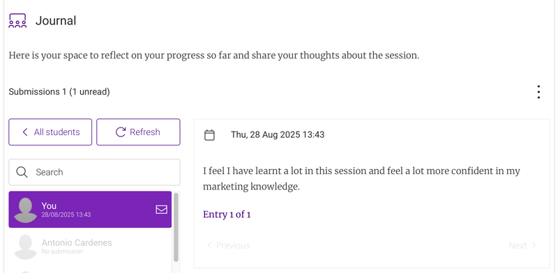 A screenshot showing insendi's Journal activity that promotes reflection and self-awareness.