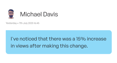 Active inquiry with insendi. A whiteboard message from student Michael Davis says "I've noticed that there was a 15% increase in views after making this change."