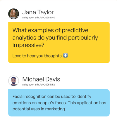Practising the Discussion learning type with insendi, two students discuss the topic of predictive analytics.