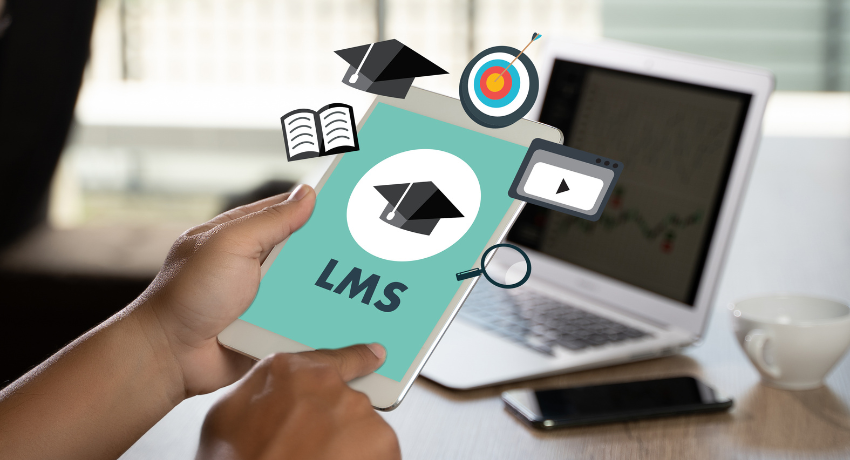 What Is an LMS (Learning Management System) and How To Choose One - an electronic tablet that says LMS on it with icons around it