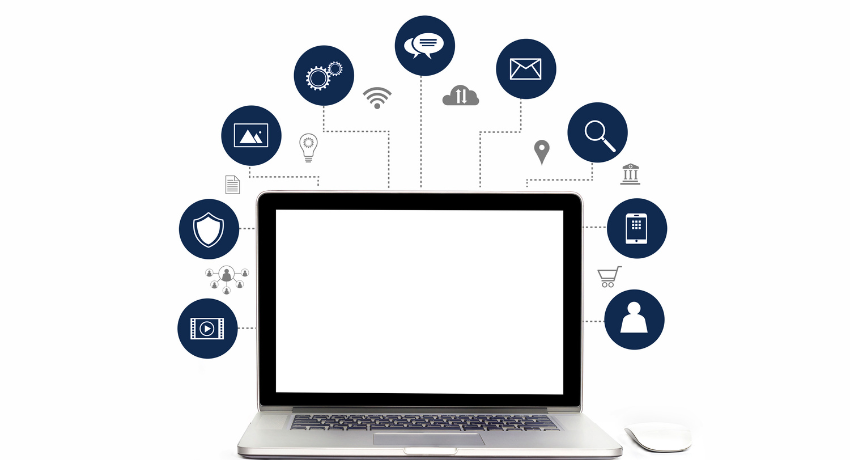 Why Digital Transformation Fails in Higher Education Institutions - image of a laptop with circles around it representing different facets of digital transformation