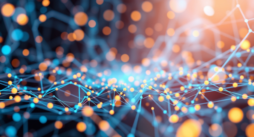 blue lines and orange dots make up a network that represents artificial intelligence